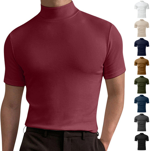 2026春夏美式休闲高领短袖T恤男纯色弹力修身打底衫潮Men T-shirt