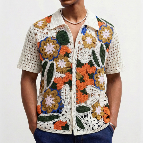 春夏欧美男士钩花撞色短袖衬衫大码镂空透视开衫上衣Men's shirt