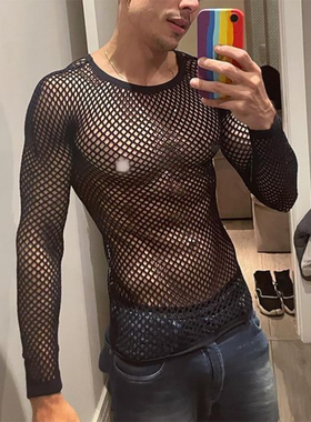 2025春夏黑色网眼透视长袖T恤男夜店性感镂空打底上衣Men T-shirt