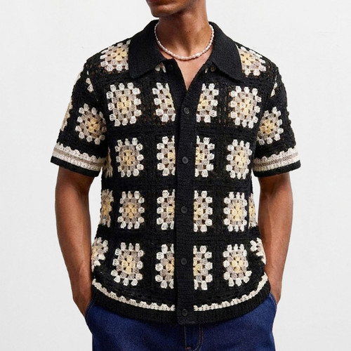 2026夏季欧美男士撞色钩花短袖针织polo衫镂空百搭衬衣Men shirts