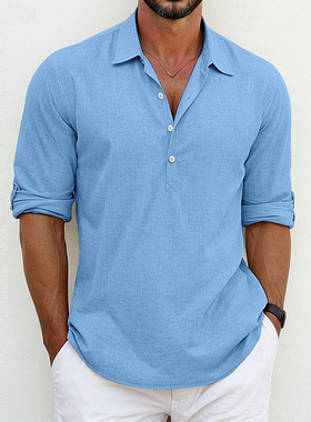 2025夏季欧美男士长袖翻领衬衫大码纯色半开衫衬衣潮Men's Shirts