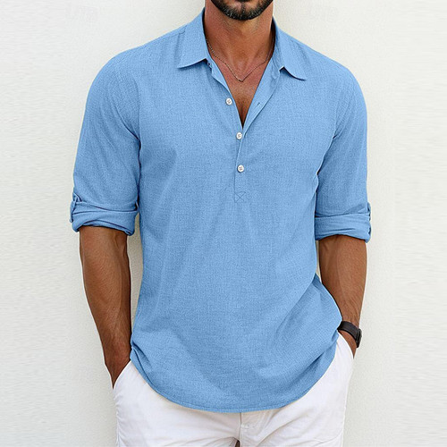 2026夏季欧美男士长袖翻领衬衫大码纯色半开衫衬衣潮Men's Shirts
