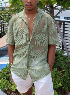 2025夏威夷度假风树叶印花绿色清凉宽松休闲短袖衬衣男Men shirt