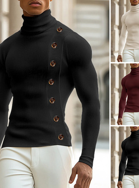 2025春秋新款纯色弹力修身内搭打底上衣男高领长袖T恤Men T-shirt