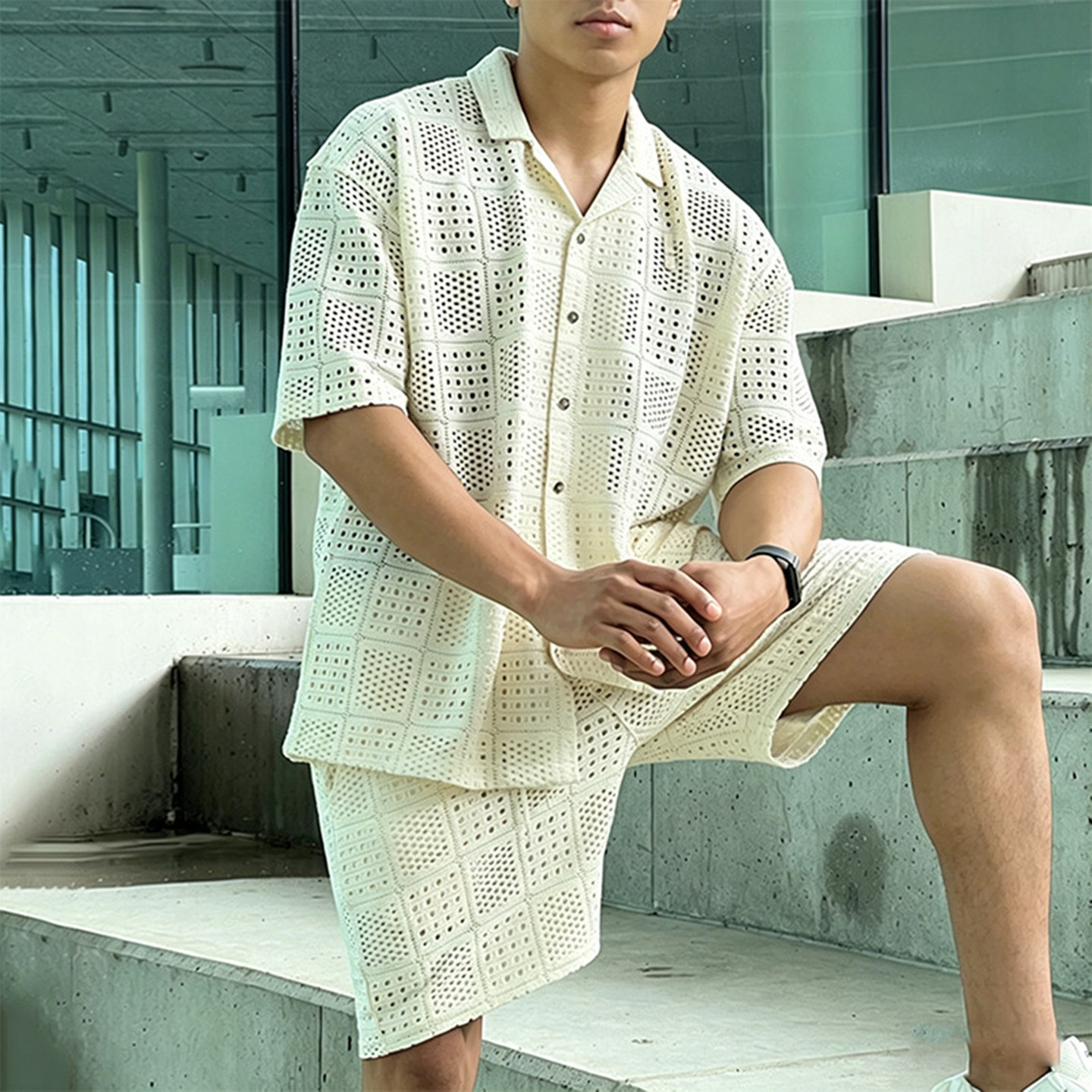 2026夏镂空透视短袖衬衣短裤休闲套装男沙滩度假两件套Men's suit