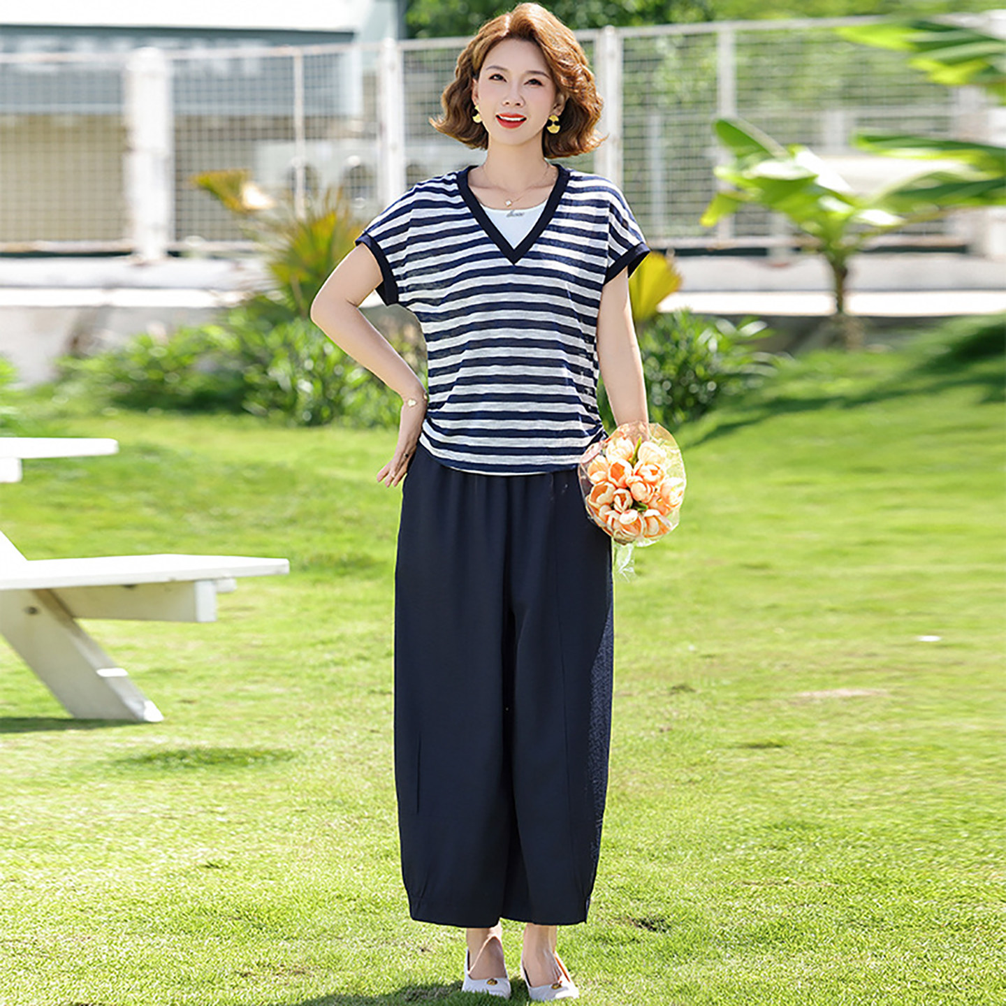 中老年套装条纹中年女装休闲宽松衣服夏款女妈妈装夏装高级感女装