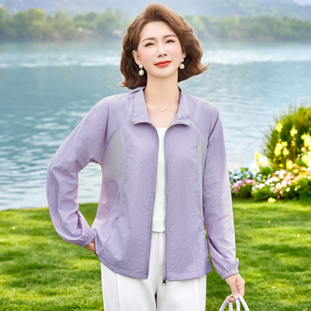 中老年女装防晒衣女2026妈妈装透气拼接拉链开衫新款皮肤衣防晒服