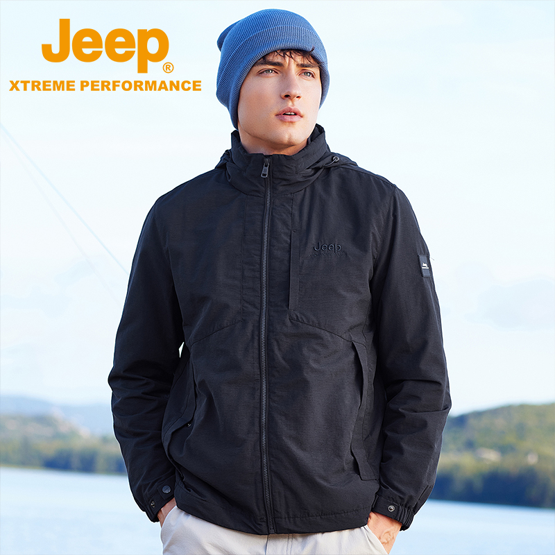 Jeepoutdoor吉普连帽夹克男户外休闲防风衣锁温薄绒外套运动透气