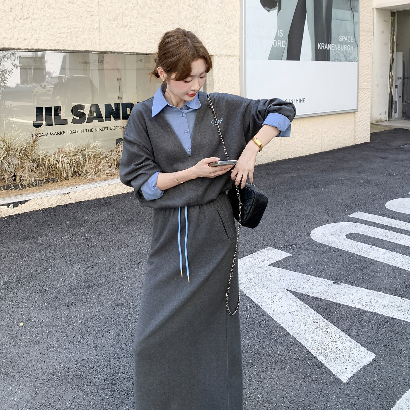 声雨竹灰色假两件衬衫拼接厚T恤套装裙女2026秋季新款一整套半身