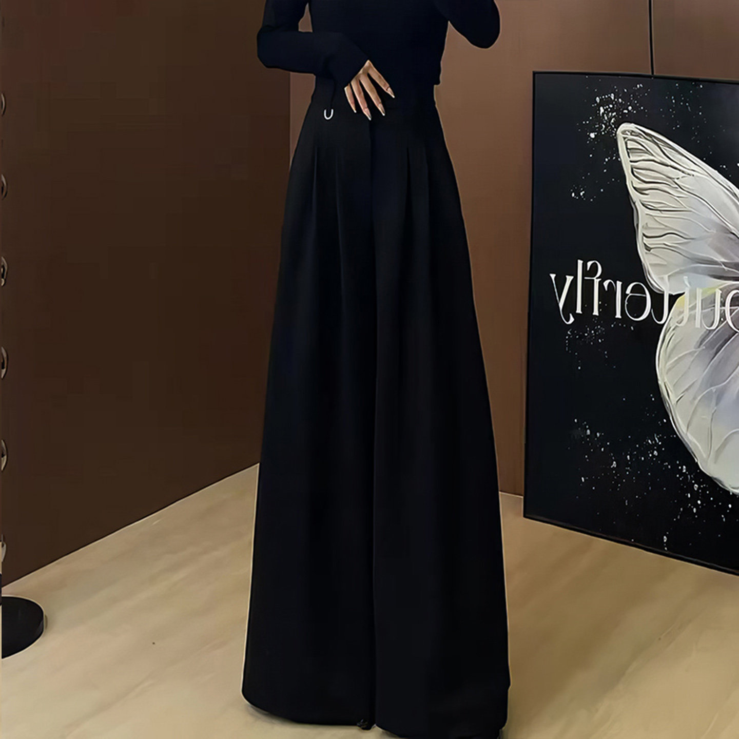 声雨竹胖mm高级感黑色西装阔腿裤女秋冬新款高腰显瘦休闲直筒拖地