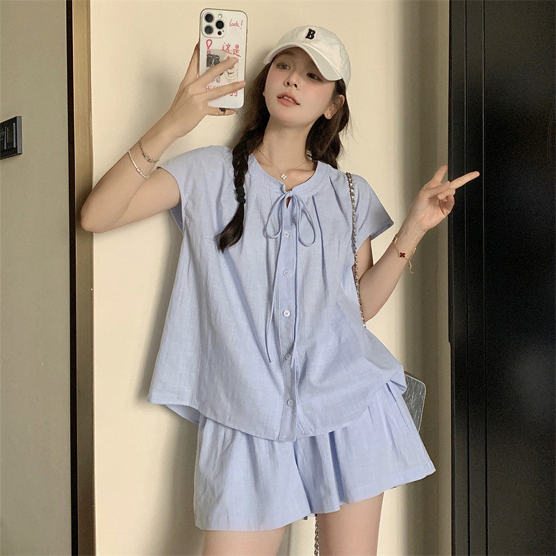 声雨竹休闲运动宽松蓝色衬衫短裤套装女夏2026新款两件套小个子时