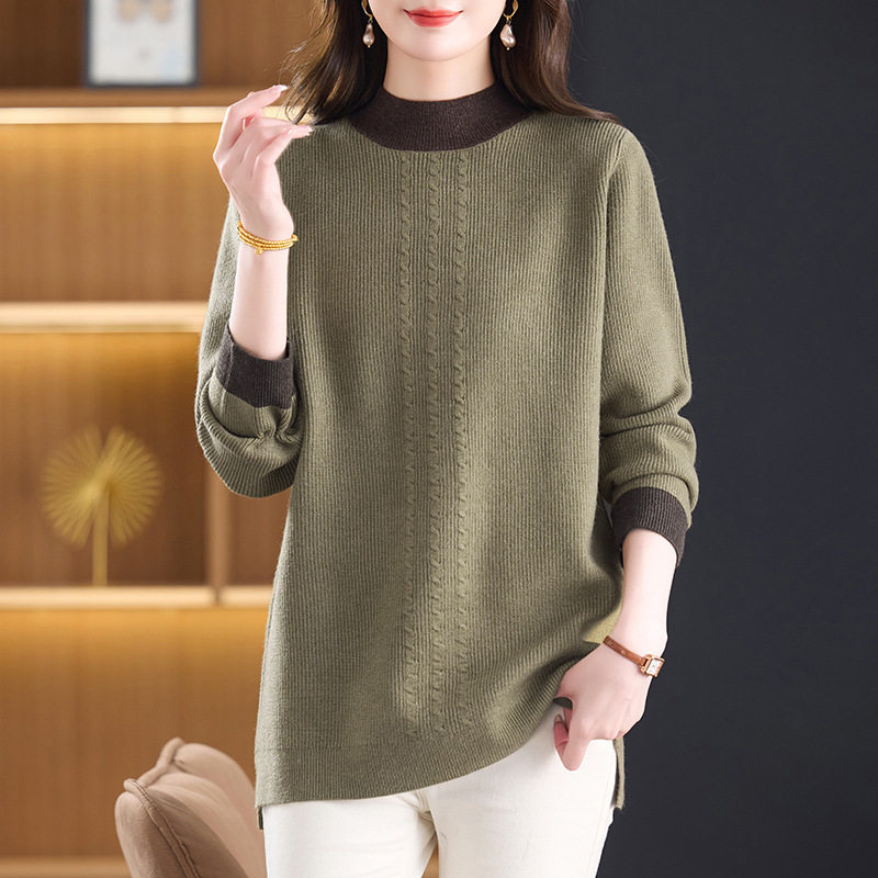 声雨竹中年女装2026冬季中长款毛衣女时尚拼色显瘦休闲针织衫半高