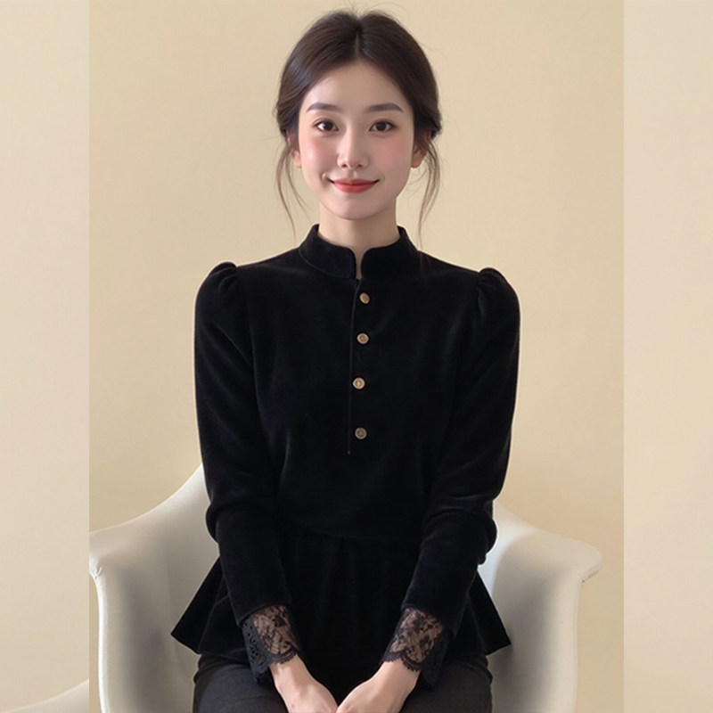 声雨竹法式气质黑色立领拼接蕾丝丝绒上衣女26冬轻奢高级感洋气减