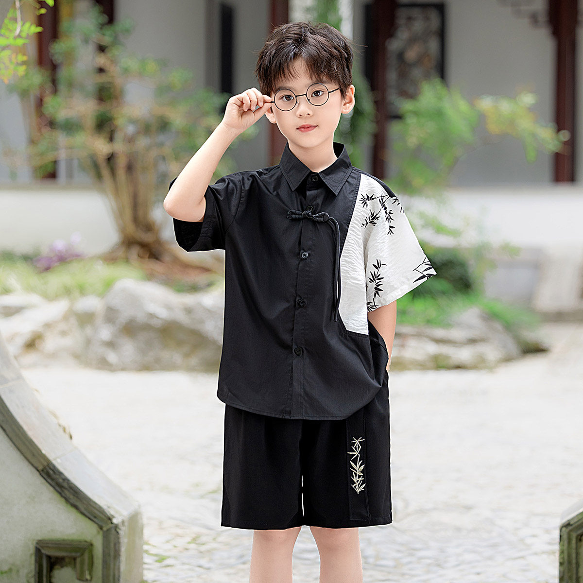 男童新中式汉服套装夏季薄款国风短袖拼接衬衫儿童唐装演出服黑色