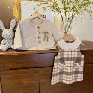 现货<拿铁>【 绵羊毛+天丝 纯手工双面呢】女童秋冬娃娃领套装