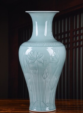 高端仿古瓷器手工雕刻荷花花瓶落地摆件家居客厅工艺品装饰收藏