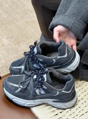 陌尼斯/MONIZ真皮加绒老爹鞋女2025冬季保暖百搭休闲运动鞋女鞋