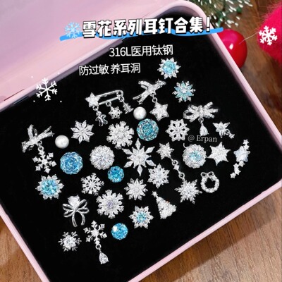 冬季新款清冷感雪花耳钉女医用钛钢耳骨钉养耳洞免摘爆闪耳环耳饰