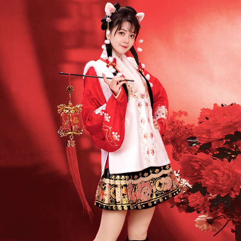 【如梦霓裳丨萌虎】原创汉服女装可爱红色交领短袄织金秋冬短裙