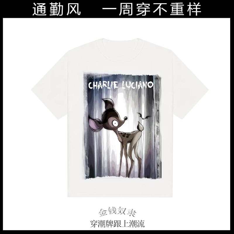 欧美潮牌T恤新款格林童话小鹿斑比插画高清印花宽松男女款t恤上衣