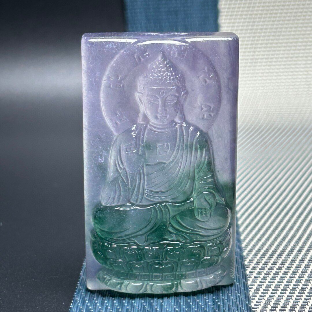 冰种山水牌阿弥陀佛吊坠老坑翡翠色玉石雕刻飘花紫色玉意境度母牌
