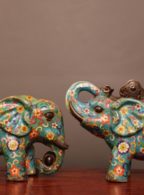 古玩旧藏纯铜掐丝珐琅彩景泰蓝大象一对办公桌面摆件复古老物件