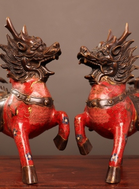 古董文玩纯铜掐丝珐琅彩景泰蓝貔貅一对办公桌面摆件复古老物件