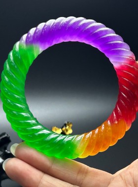 精品老翡翠色高冰紫罗兰麻花玉手镯冰种春彩三色男女款龙珠玉手环