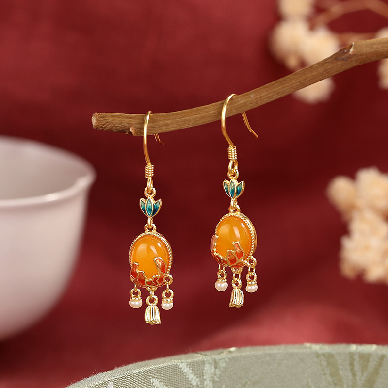 고대 스타일 술 천연 밀랍 귀걸이 에나멜 꽃 귀걸이  계란 표면 앰버 귀걸이 여자 친구를위한 선물로