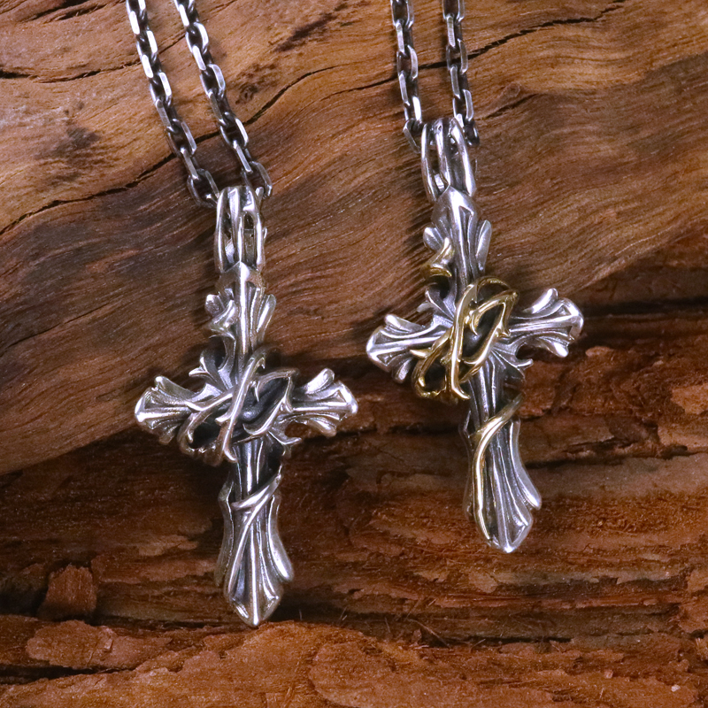 MS小号藤蔓立体十字架项链吊坠女男纯银10K金蔓藤立体刺十字架潮