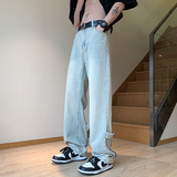 美式高街拉链牛仔裤男春秋潮牌高级感痞帅炸街裤子直筒微喇工装裤，男装牛仔裤，星座1514