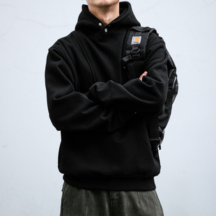 美式复古cleanfit加绒连帽卫衣男冬季450g重磅纽扣boxy加厚外套潮
