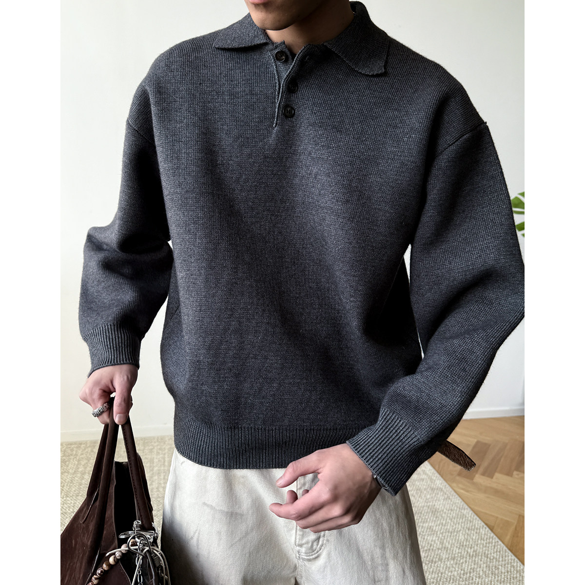 重磅高密厚实老钱风小翻领毛衣男女同款宽松POLO领针织衫长袖潮牌