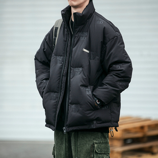秋冬立领轻薄羽绒服男潮牌宽松90白鸭绒字母压印加厚保暖情侣外套