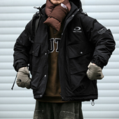 90白鸭绒加厚外套 羽绒服男潮牌宽松大码 美式 复古做旧脏染连帽工装