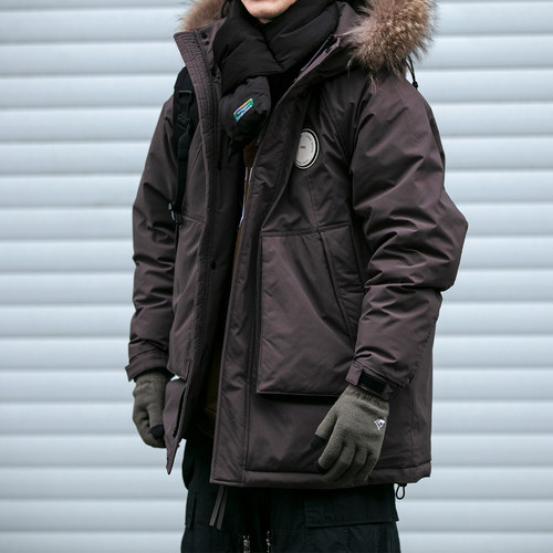 日系潮牌连帽中长款毛领羽绒服