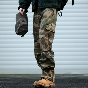 重工磨破 美式复古冬季加绒加厚迷彩工装裤男潮牌宽松水洗直筒裤