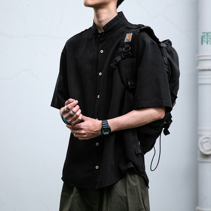 夏季新款肌理感清凉亚麻短袖衬衫男潮牌宽松休闲情侣半袖衬衣外套