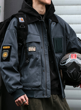 【硬朗有型】美式复古巴恩风徽章贴布工装夹克男春秋潮牌宽松外套