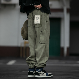 宽松纯棉休闲长裤 男潮牌大口袋挂绳腰带束脚裤 裤 秋冬重磅水洗工装