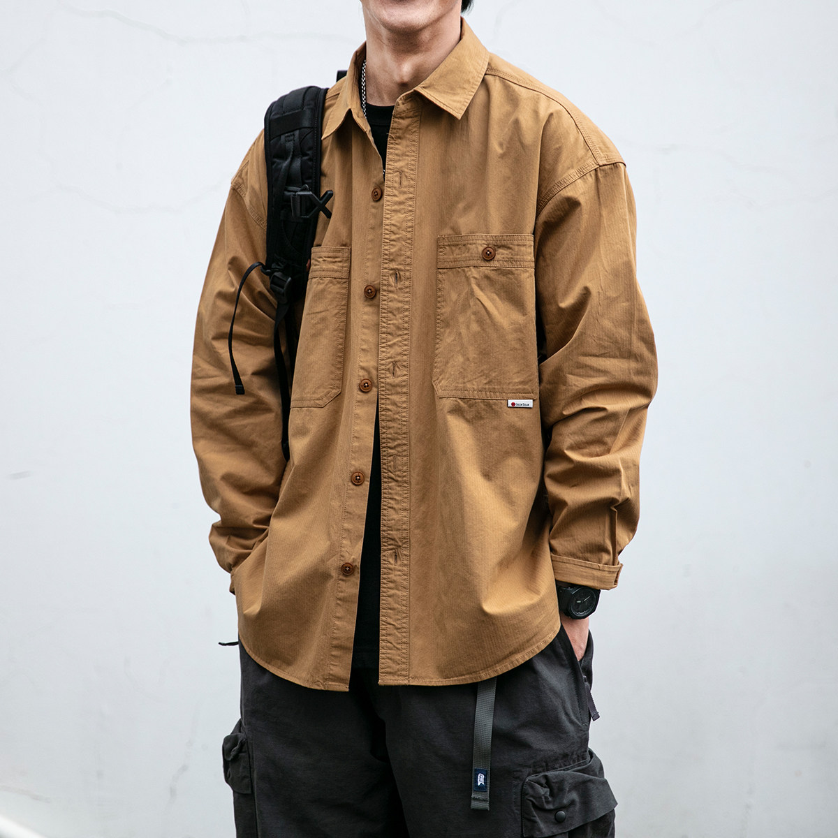 美式重磅工装衬衫男复古衬衣2023春秋新款宽松百搭休闲长袖外套潮