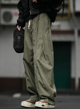 美式复古重磅水洗双褶铆钉工装裤男潮牌宽松阔腿抽绳休闲弯刀裤潮