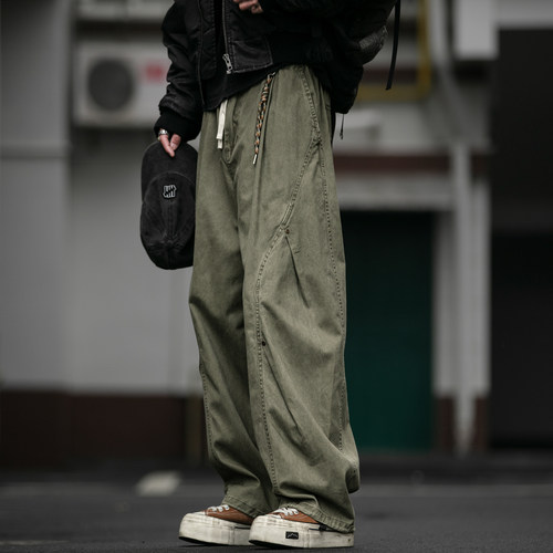 美式复古重磅水洗双褶铆钉工装裤