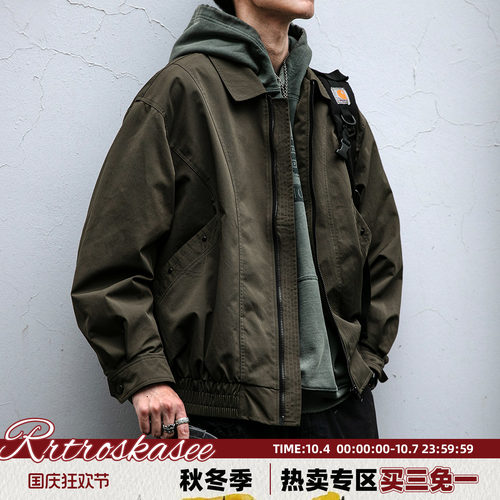 美式复古解构设计翻领工装外套男