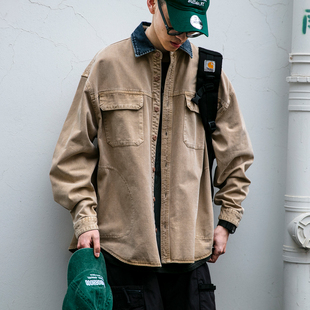 重磅320G赛络纺纱卡成衣染色廓形工装衬衫男春秋新款宽松翻领外套