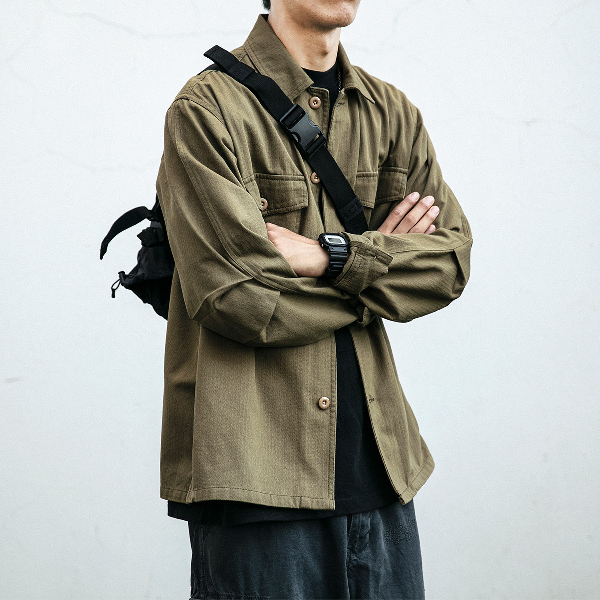 多口袋立体面料工装长袖夹克式衬衫男潮秋冬日系复古宽松薄款外套