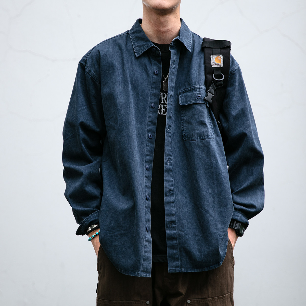 日系复古酵素水洗防牛仔质感纯棉长袖男工装通勤休闲衬衫外套长袖