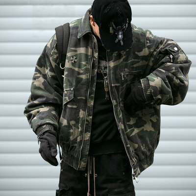 冬季复古水洗迷彩充棉Bomber宽松廓形保暖工装夹克飞行棉服外套