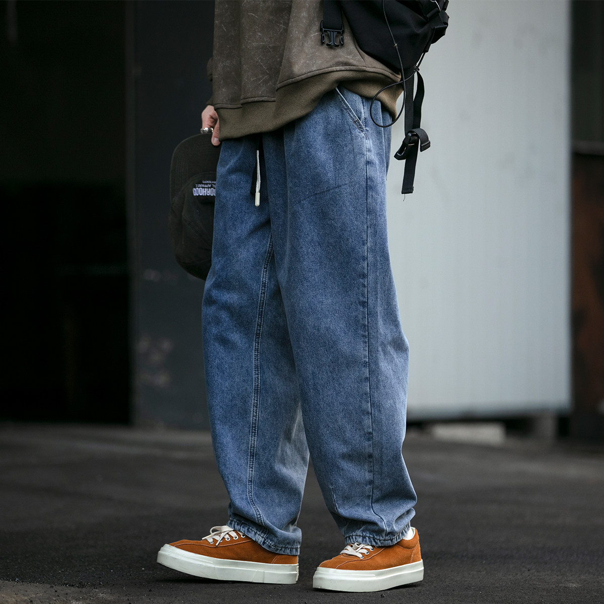 美式复古直筒牛仔裤男潮牌宽松水洗百搭抽绳哈伦裤纯色休闲阔腿裤,男装,牛仔裤,淘宝优惠券,粉丝福利购,淘宝优惠卷