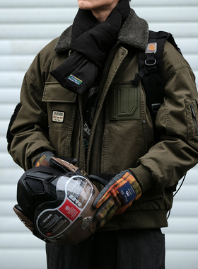 美式复古巴恩风羊羔毛领MA1空军飞行夹克外套工装羽绒服90绒保暖